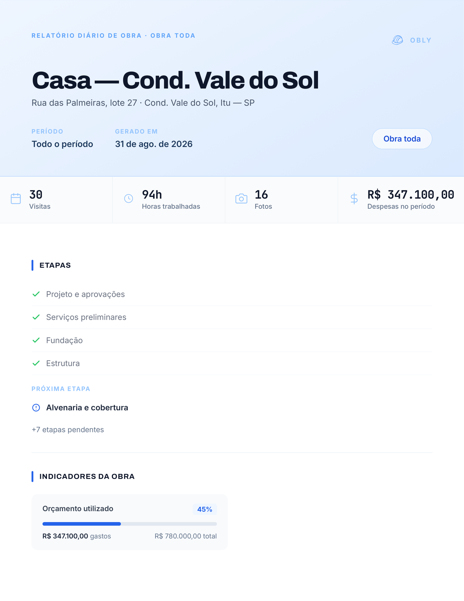 Capa de um relatório de obra em PDF gerado pelo Obly