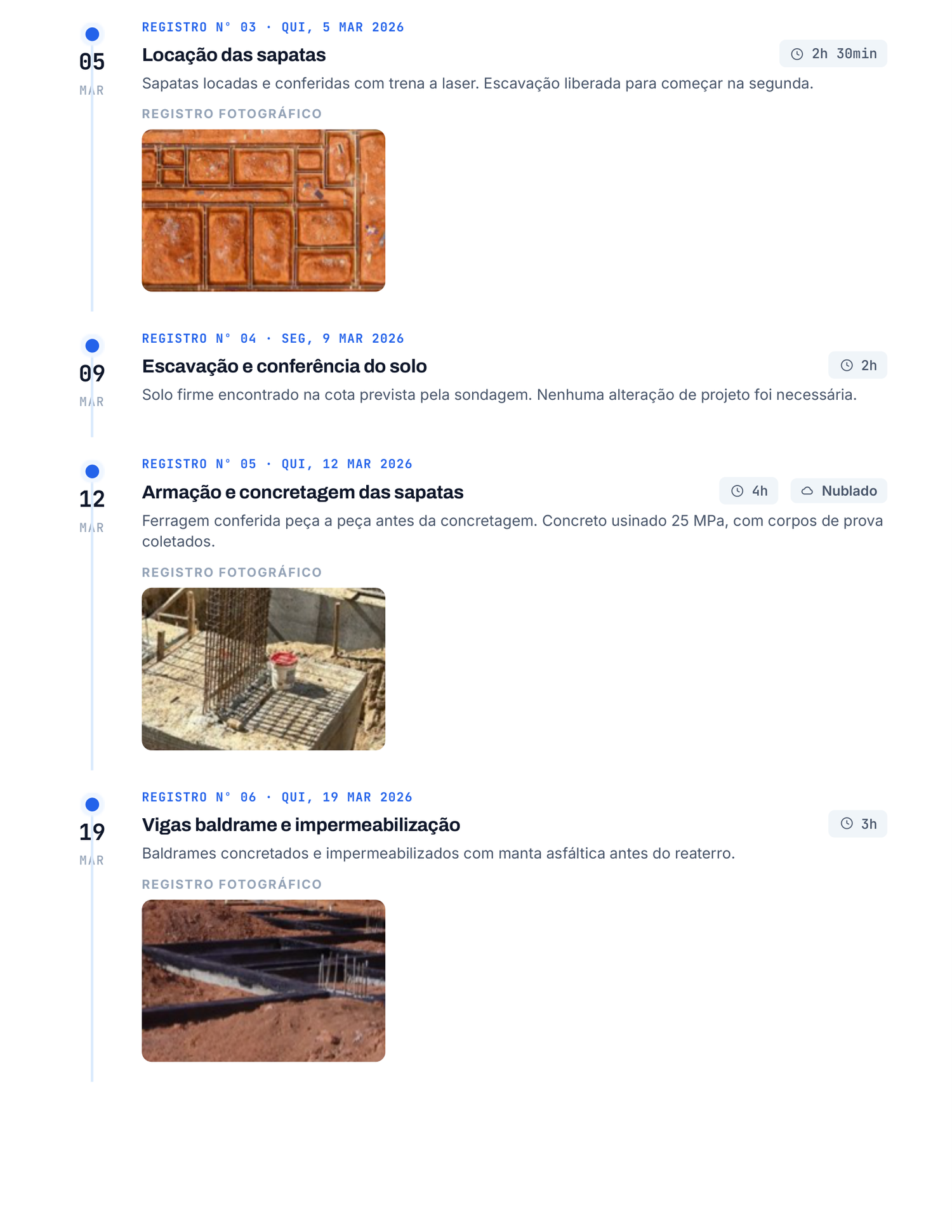 Página de registros do relatório com visitas, datas, duração e fotos da obra